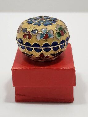 NIB Vintage Round Cloisonne Brass Trinket Box 1 5/8" Diameter